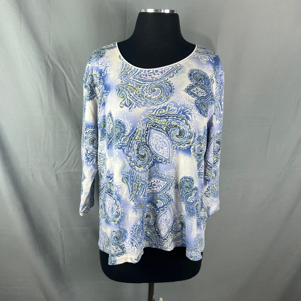 Karen Scott Blouse Top Womens XL White Blue Paisley Print Cotton Quarter Sleeve